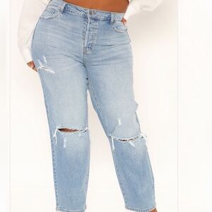Fashion Nova Distressed Straight Leg Jeans - Light Blue